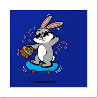 Easter Bunny Skateboarding Carrying Easter Eggs Cartoon Posters and Art